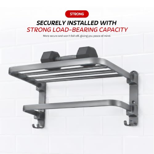 Image of Amazon Basics 40 CM Powder - Coated Aluminium Towel Rack for Bathroom with Hooks - Rust - Free, Space - Saving Bathroom Towel Holder Easy Installation Grey