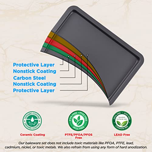 3-Pc. Nonstick Cookie Sheet Pans - Pfoam Pfosm Ptfe-Free, Professional Quality Kitchen Cooking Non-Stick Baking Trays W/ Black Coating Inside & Outside #TOP2