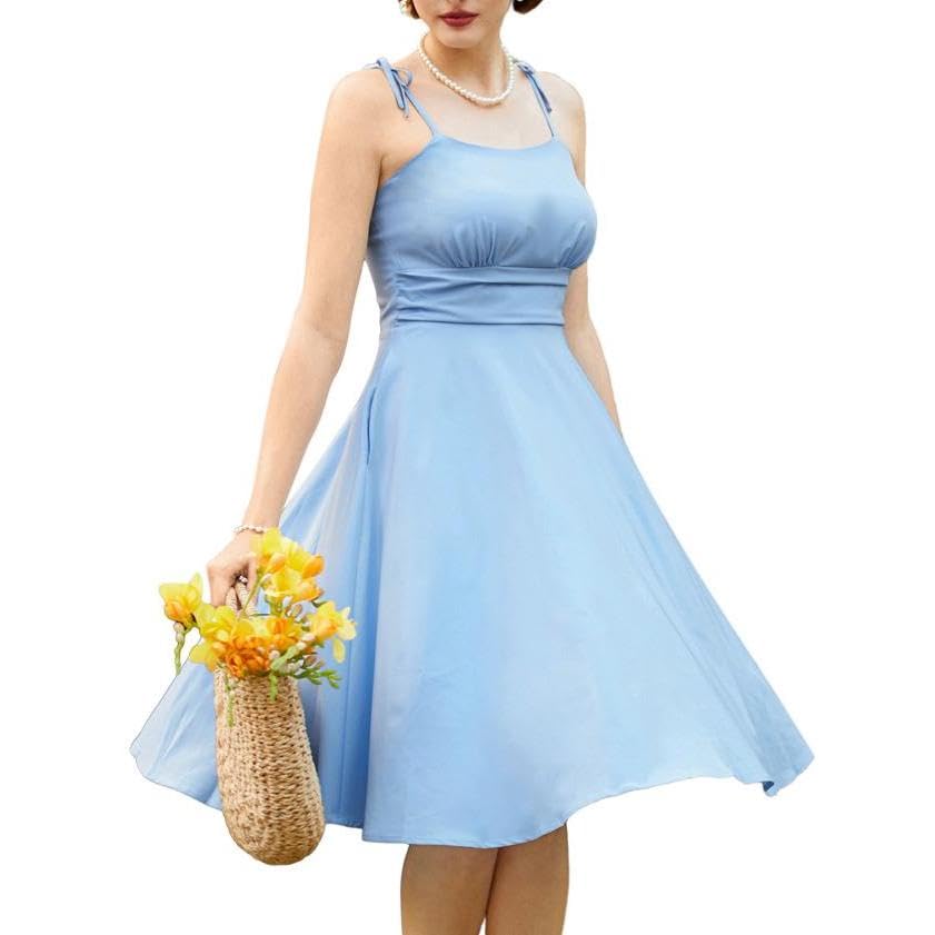 Belle Poque Damen Kleid Spaghettiträger A-Linie Midi Freizeitkleid mit Taschen