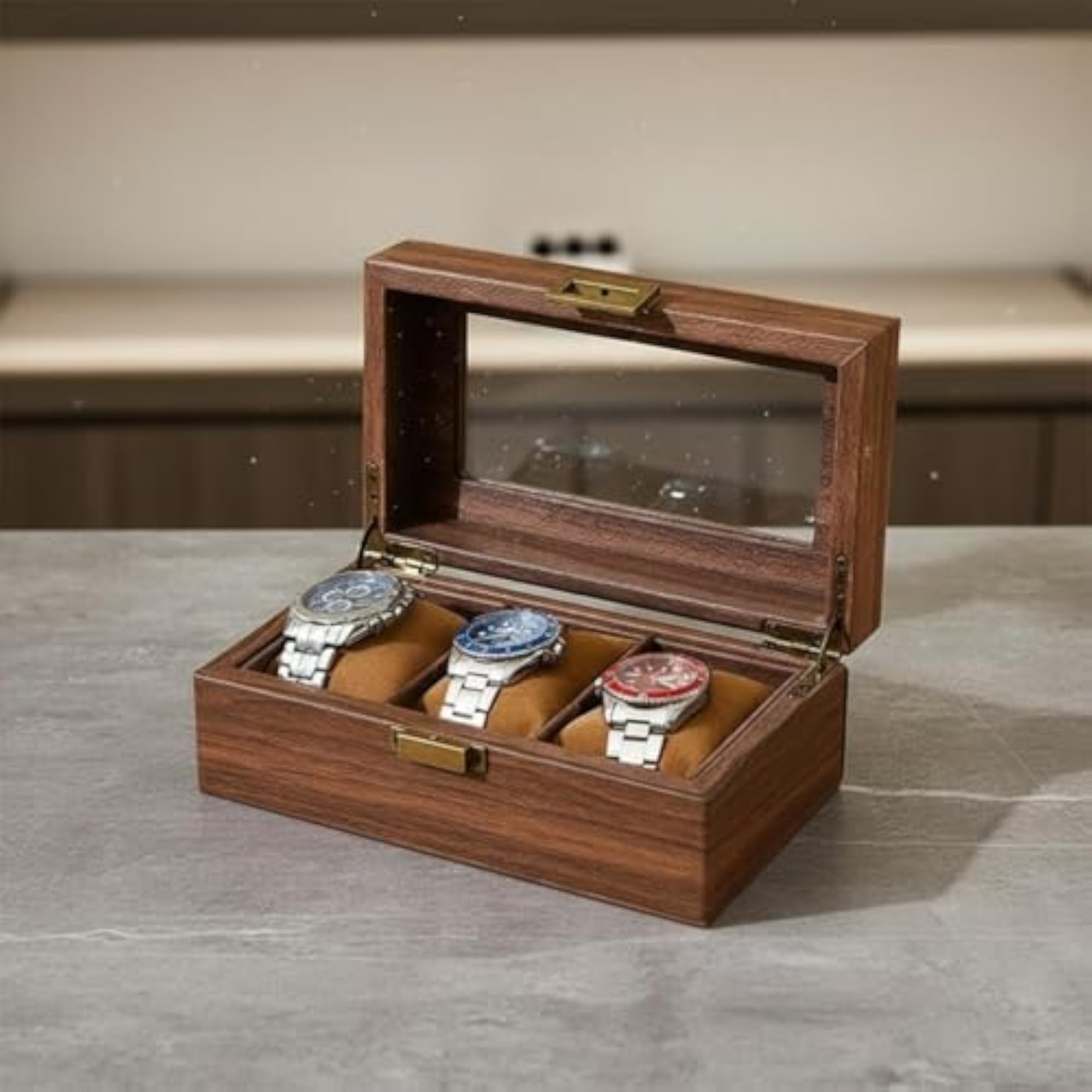 Brass Tone Glass Lid Watch Box with Divided Interior, 10 Slots