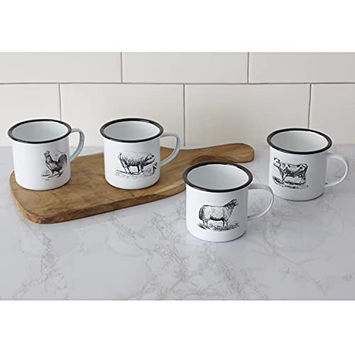 Orchid & Ivy Set Of 4 Vintage Black And White Enamelware Metal Coffee Mugs With Distressed Farm Animal Sketch Design - Rustic Farmhouse Enamel Cups With Handles - Country Kitchen Or Camping Tableware #TOP25