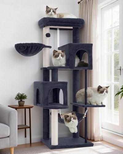 Image of Gitelsnour Cat Tree Tower with Sturdy Steel Tube for Indoor Cats GCT014G | 51.2'' Cat Furniture with Scratching Posts, Hammock, Basket and Padding Top Platform for Inoor Cats Large Adult, Drak Gray