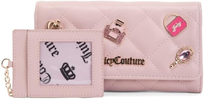 Juicy Couture Girls Only Flap Clutch Wallet, Pink Blush, Quilted Design with Embellished Front, 7.5x4 Inch