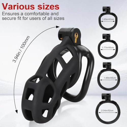 Image of Male Chastity Cage with Belt + 4 Ball Rings & Invisible Lock - Ultralight Fit Design for Long Term Wear, Secure BDSM Device (L-100mm) [Black]- Breathable Large Penis Cage Sex Toy for Men