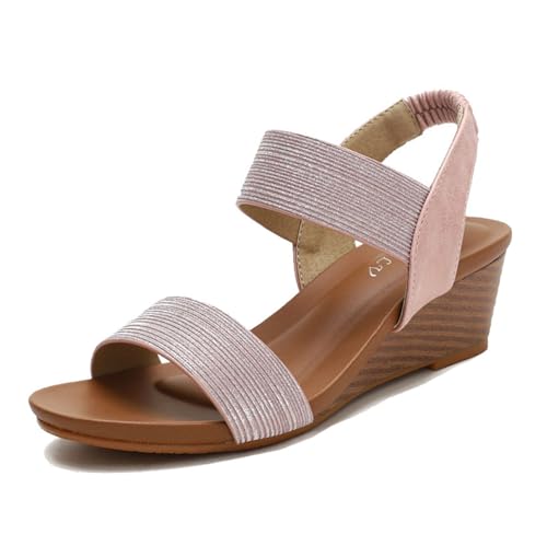 Wedge Heel Summer Sandals, Womens Open Toe Elastic Ankle Strap Platform Non-slip Wedge Sandals, Comfortable Plus Size Breathable Roman Shoes, for Walk, Family, Travel, Beach, Meeting