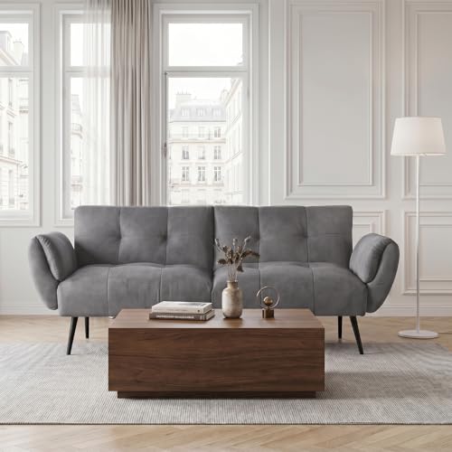 JIEXI Canapé futon Moderne en Lin de 150 cm, canapé-lit Confortable avec dossiers réglables, canapé-lit pour Petits espaces, Salon, Chambre à Coucher, Appartement (Gris)