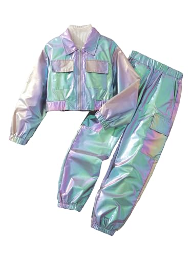 Image of WDIRARA Girl's 2 Piece Holographic Outfit Flap Pocket Zip Up Jacket and Elastic Waist Pants Set