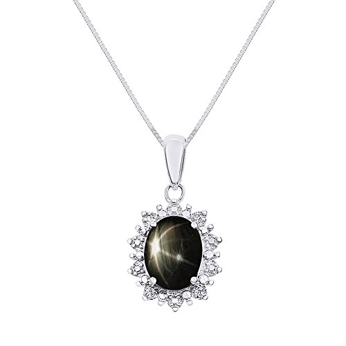 Diamond & Black Star Sapphire Pendant Necklace Set In Sterling Silver .925 With 18" Chain - Princess Diana Inspired Halo Designer Style #TOP20