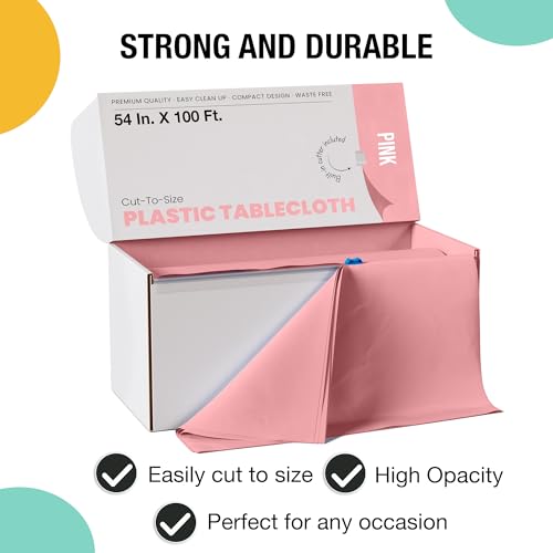 Image of Party Solids 54 Inch X 100 Feet Pink Plastic Table Cover Roll in A Cut - to - Size Box with Convenient Slide Cutter. Cuts Up to 12 Rectangle 8 Feet Plastic Disposable Tablecloths