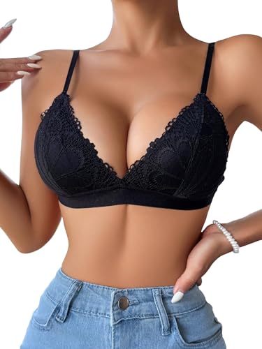 Image of Women Floral Lace Deep V Sexy Simple Wirefree Removable Pads Adjustable Thin Straps Bralette