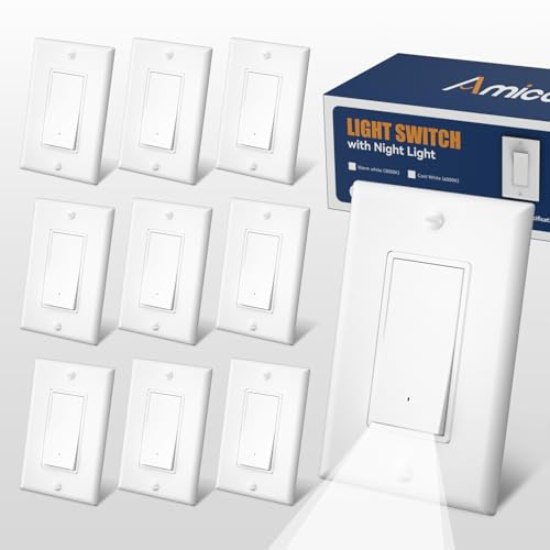 Amico 10-Pack Illuminated Light Switch with Wall Plates & Built-in LED Nightlight UL Listed 6000K Nightlight for Hallway Bedroom Bathroom Residential Use 15A 120/277V White