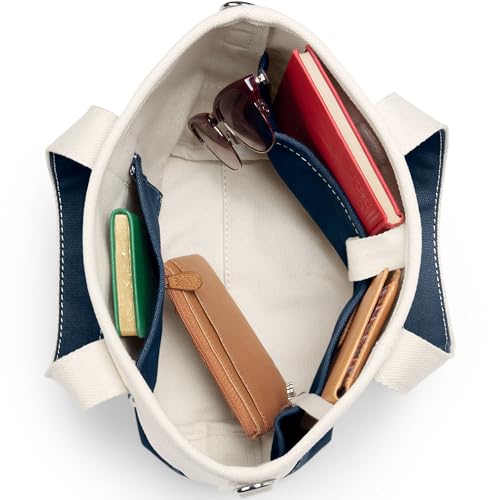 Image of Lands' End Natural Open Top Canvas Tote Natural /radiant Navy Small Regular Handle