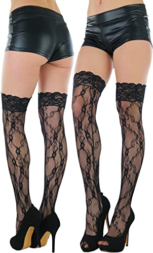 Image of ToBeInStyle Women's Wide Floral Lace Fishnet Thigh Hi Stockings