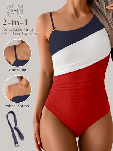 Image of Aidonger One Shoulder One Piece Swimsuit for Women Tummy Control Bathing Suits Color Block Ruched Swim Suit Slimming Swimwear