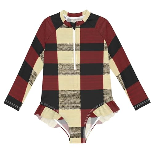 Girls One Piece Swimsuits Long Sleeve Swimsuit Zipper Bathing Suits Red Black Checkered Buffalo Plaid C