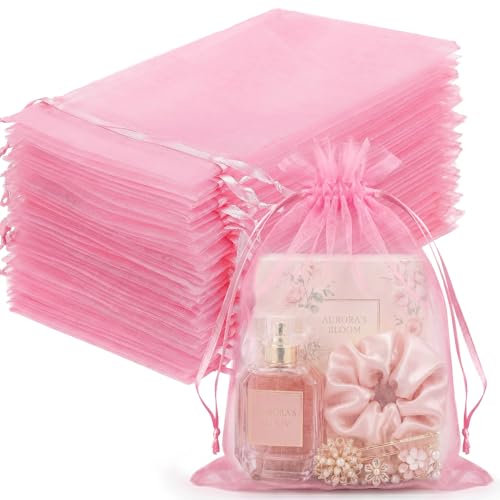 FUNFERY 100 Pcs Pink Organza Bags 5x7 in Small Mesh Drawstring Gift Bags for Sachet Bulk Goodies Bag for Party Favor Jewelry Candy Wedding Favor Valentine&Mother Day
