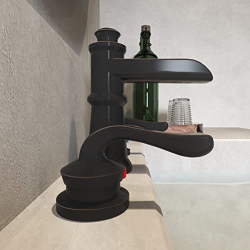 Bwe Waterfall Widespread Bathroom Faucet 3 Hole Sink Farmhouse With Oil Rubbed Bronze Bath Bathtub Faucets Pop Up Drain Stopper Assembly And Supply Line Lead-Free 8-16 Inch 2 Handle Vanity Lavatory #TOP4