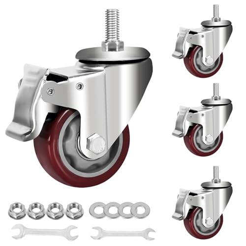 AOCHENLY Caster Wheels, Heavy Duty Castors PU Wheels M12-1.75x1-1/5 Threaded Stem Casters Swivel Casters with Double Brakes Set of 4 (M12-1.75x1-1/2,3 Inch) by AOCHENLY - Used condition - US$21.74