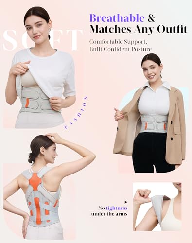 Image of Kepwaa Posture Corrector for Women and Men, 5 Full Back Support Brace Rods, Adjustable Shoulder Straightener, Relief for Upper and Lower Back, Neck, Lumbar, Scoliosis, Hump, Gray, Medium