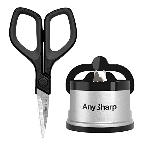 AnySharp Afilador Profesional de Cuchillos, Seguro y Manos Libres, Compatible con Cuchillos de Acero y Chef, Mini Tijeras Incluidas, Plata, Talla Única