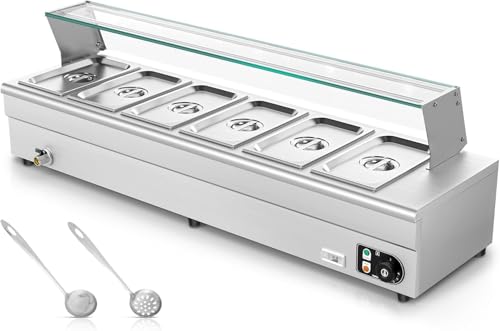 6 Pan Commercial Food Warmer, Stainless Steel Bain Steam Table Food Warmer 6*8QT 110v 1500w Electric with 1/3 Large Capacity Pans for Catering and Parties Restaurants Business Occasion (6*1/3 Pan)