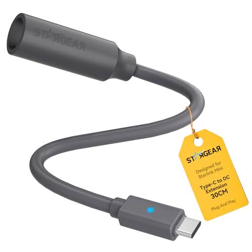Starlink Mini Power Cable 30CM, 16AWG Starlink Mini USB C to DC Extension Cable with LED, USB C to DC Cable Adapter, Replacement Accessories for Starlink Minis, Work with 65W+ PD Source (Grey)