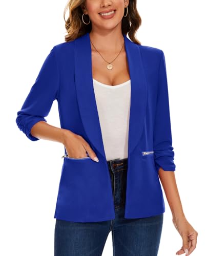 MINTLIMIT Womens Casual Blazer 3/4 Ruched Sleeve Open Front Cardigan Work Office Blazers Suit Jackets with Zipper Pockets2