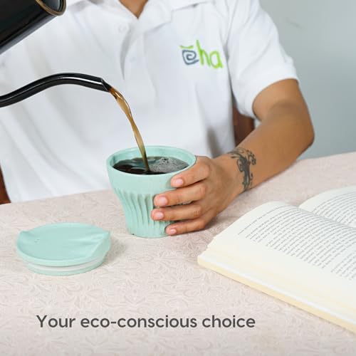 Image of Eha Earth Friendly Rafter Coffee Mug with Lid | Tea Cup Set | 175 ml | Made with Rice Husk | Microwave Safe Mugs for Gifting | 2 Unit | Celeste
