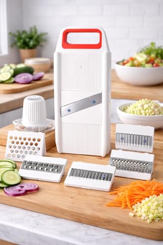 Image of 6 in 1 Multipurpose Chopper, Fruits & Vegetable Cutters, Grater Peeler Chipser, Unbreakable Food Grade Body, Easy Push to Clean Button Slicer Dicer, Chopper for Kitchen (Green, Plastic) (Red)