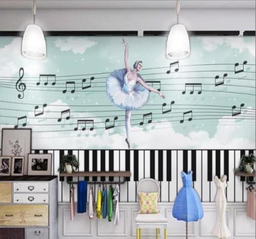 Fresco Verde Ballet Teclas De Piano Símbolos Musicales 3D Papel Pintado Lujo Casa Sala Decoración Estar Comedor Sofá Dormitorio TV Fondo de Pared-300cm×210cm