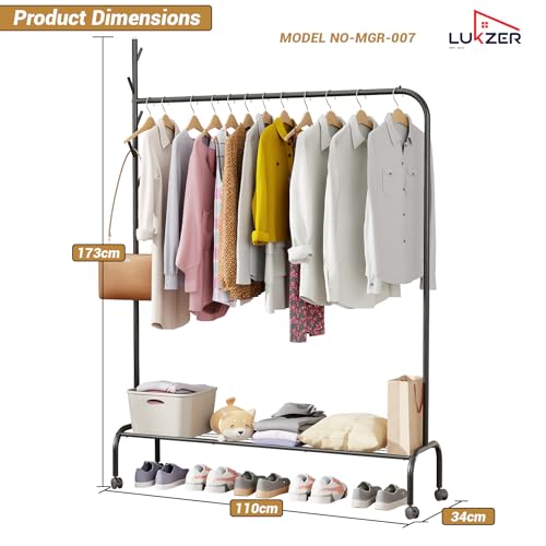 Lukzer | MGR-007 | Black | Heavy-Duty Metal Garment Rack with Wheels & Bottom Shelf – Single Pole Clothes Stand & Organizer for Bedroom, Hallway, Laundry Room, Entryway & More | 34 x 110 x 172 cm