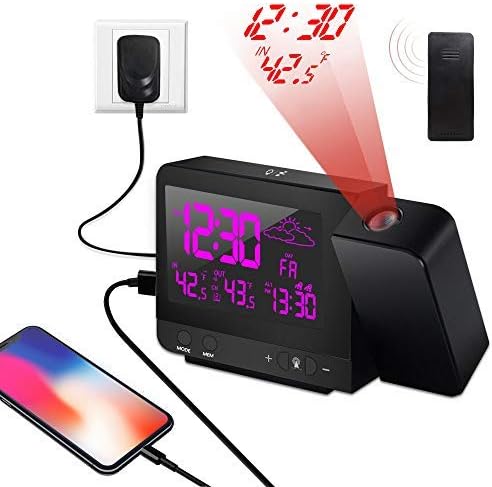 ORHOME Projection Alarm Clock on Ceiling Wall for Bedroom - with Weather Forecast Station, Indoor/Outdoor Thermometer, USB Charging Port, Dual Alarm, Colorful Backlight, AC & Battery Operated