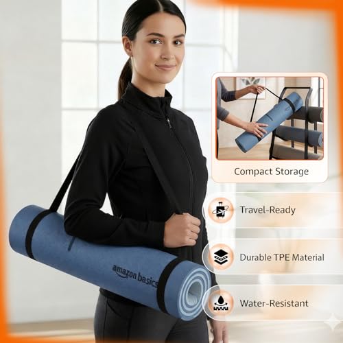 Image of Amazon Basics TPE Yoga & Exercise Mat with Carrying Strap | 4 mm Thick | Non-Slip Grippy Surface | Lightweight Eco-Friendly Rubber-Like Material | Floor Protection | Ideal for Yoga, Pilates, Stretching & Fitness | 183 x 61 cm | Dark Blue & Light Blue