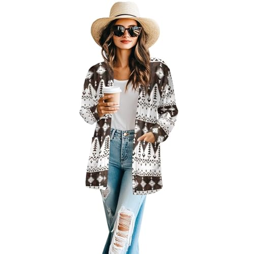 Image of Women's Aztec Open-Front Jacket Lightweight Casual Outerwear Native Western Aztec Pattern & Plaid Houndstooth Print