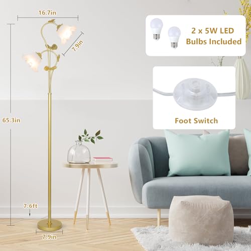 Image of HMVPL Gold Floor Lamp for Living Room, Flower Standing Lamp with 2 LED 5W Blubs, Foot Switch, Floral Tall Lamp with Acrylic Shade, Antique Lotus Flower Floor Lamp for Living Room Office Reading
