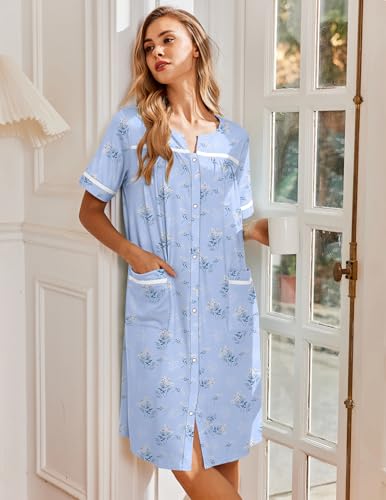Image of Ekouaer Nightgowns for Women House Dress with Pockets Snap Front House Coat Short Sleeve Duster Moo Moos Sleepwear S-3XL
