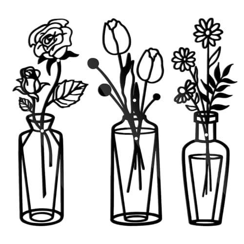 Nicear 3 Pcs Flor Metálica Negra Decoración De Pared Arte Negro Flor Negra En Jarrón Decoración Colgante De Alambre Para Sala Baño Dormitorio Patio Balcón