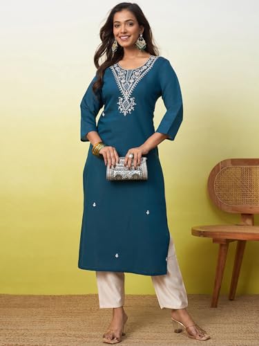Image of Women's Silk Blend Embroidery Straight Kurta | Ethnic Kurtas for Women | Kurtis for Women Festive, Casual Office Wear Ethnic Kurta for Women