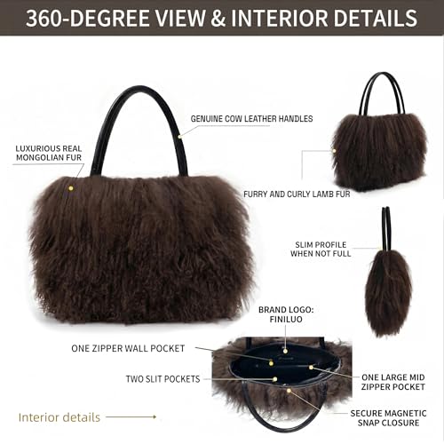 Image of Women Luxury Real Lamb /Mongolian Flush Wool Fur With Genuine Leather Handles Handbag