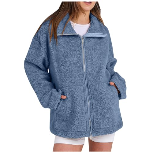Abrigo de lana de cordero con cuello alto para mujer, de manga larga, con cremallera completa, abrigo de invierno, resistente al viento, térmico, grueso, holgado, casual, clásico, recortado, 2#Azul,