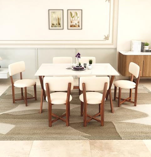 Image of MURALICRAFT Sheesham Wood 57 inch Dining Table 6 Seater | Marble Finish Six Seater Dinning Table Set with 6 Upholstered Dining Chairs | Table Top: Premium HDMR Wood | Chair: Round Edge | White & Honey