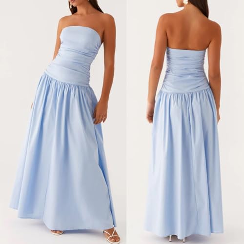 Image of Women Tube Top Maxi Dress 2025 Elegant Sleeveless Strapless Ruched Flowy Summer Long Wedding Party Cocktail Dresses