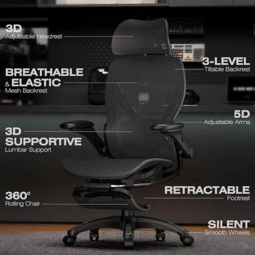 Image of ELABEST X100 Ergonomic Mesh Office Chair with Footrest, Big and Tall Home Desk Chair with 5D Flip-Up Arms, Adjustable 3D Lumbar Support, Gaming & Executive Computer Chair, Night Reaper