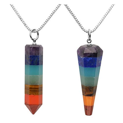 Axmerdal 2pcs 7 Chakra Necklace Energy Healing Crystal Yoga Necklace for Women Dowsing Divination Pendulum Gemstone Pendant