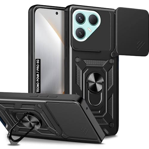 Image of AESTMO Tough Armor Tecno Pova 7 Pro 5G Bumper Back Case Cover | Ring Holder & Sliding Camera Shield Cover | 360 Degree Protection Back Case Cover for Tecno Pova 7 Pro 5G (Black)