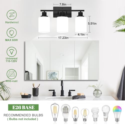 Image of MOKATNG 3-Light Bathroom Light Fixtures, Vanity Light with Milky White Shades, Matte Black Bathroom Light Fixtures Over Mirror, Modern Bathroom Wall Lamp for Mirror Living Room Cabinet Bedroom