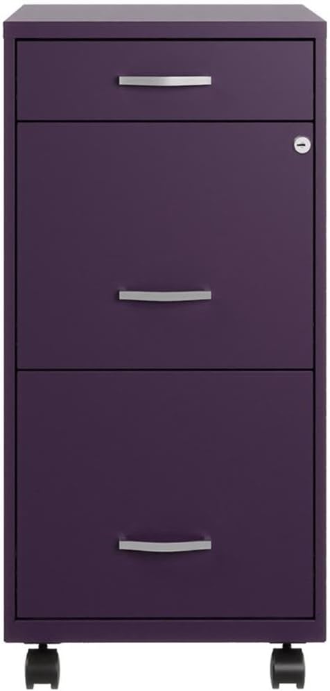 Pemberly Row Mobile Metal Filing Cabinet, 18" D x 33.43" H x 21.75" W, 3 Drawer, Midnight Purple Finish, Lockable with Casters, Office Storage Organizer for Files and Supplies