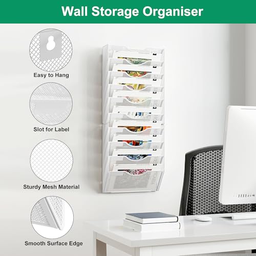 Solinxe Zeitungshalter Wand mit 10 Fächern Metall Zeitungsständer Hängeregister Wandablagefächer A4 Papier Dokumentenablage Büro Schule Ablage Organizer, Weiß