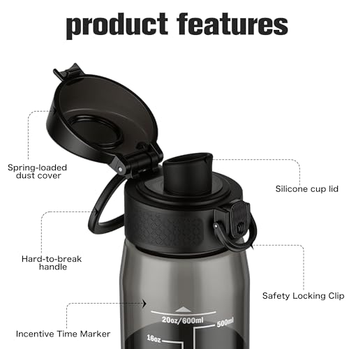 Image of GOPPUS 20oz Kids Water Bottle with Time Marker & Handle, Tritan BPA-Free, Reusable Leakproof Anti-Dust Everyday, Clear Kids Water Bottles For School,Car Travel, Gifts Boys Girls(Black)