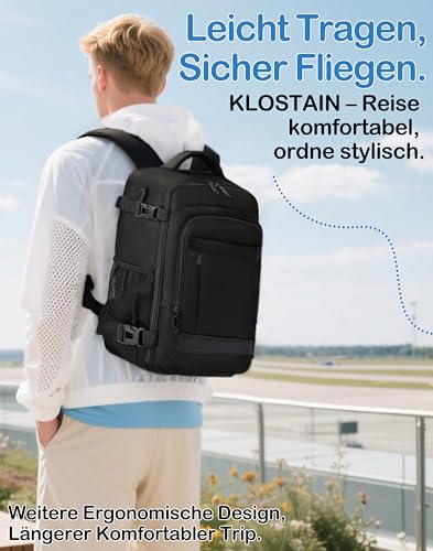 KLOSTAIN Handgepäck Rucksack 40x20x25 für Ryanair und Eurowings Rucksack Travel Backpack Bag Klein Reiserucksack Tasche für Flugzeug - Schulrucksack für Damen, Herren, Teenager, Schwarz 6